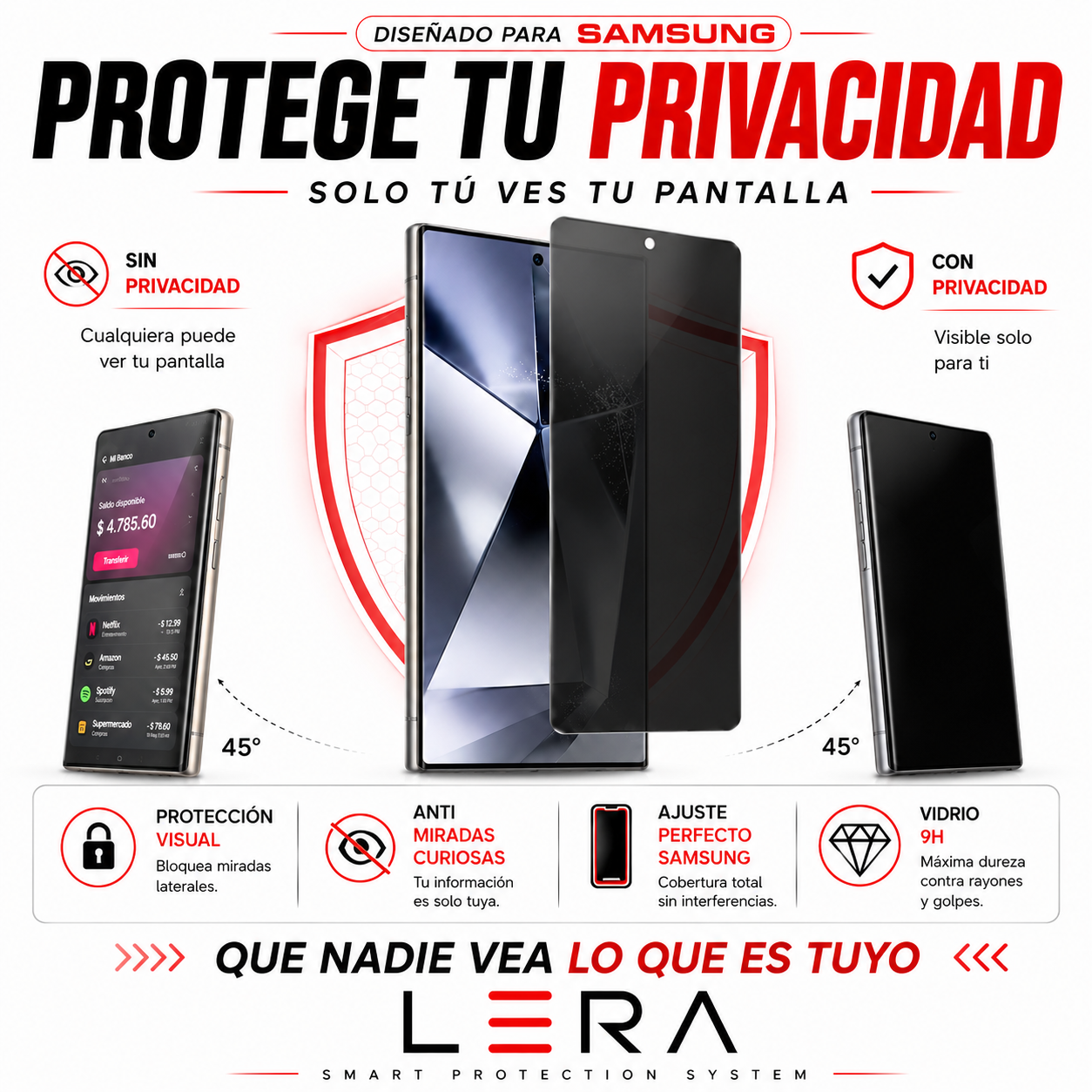 Lámina Mica Vidrio Anti Espía Samsung Varios Modelos Pack X3