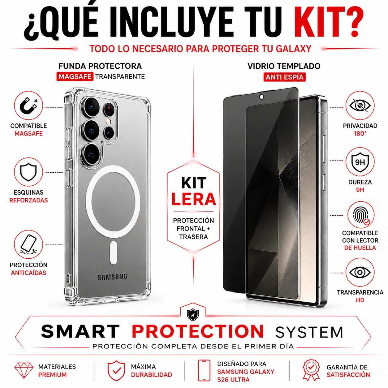 Kit Carcasa Magsafe Transparente + Lamina Mica Vidrio Anti Espia para Samsung