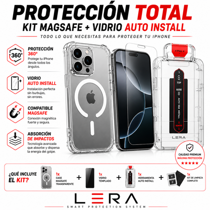 Kit Mica Vidrio Auto Instalacion iPhone 17 + Funda Magsafe Transparente
