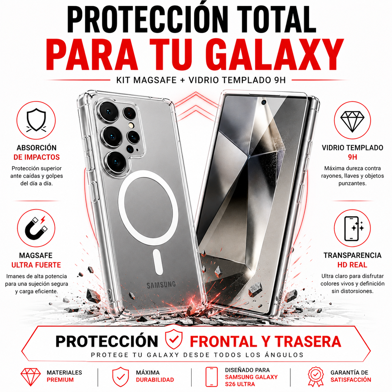 Kit Carcasa Magsafe Transparente + Lamina Mica Vidrio Templado para Samsung