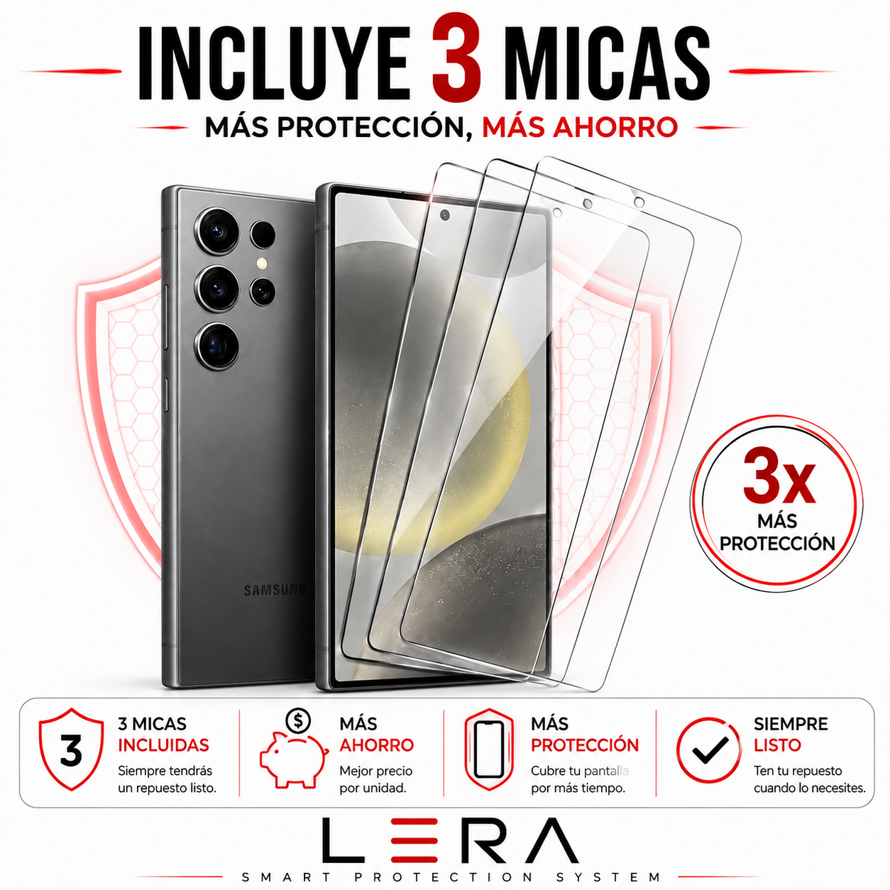 Lámina Mica Vidrio Templado para Samsung Pack X3