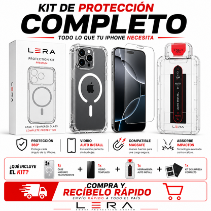 Kit Mica Vidrio Auto Instalacion iPhone 17 + Funda Magsafe Transparente