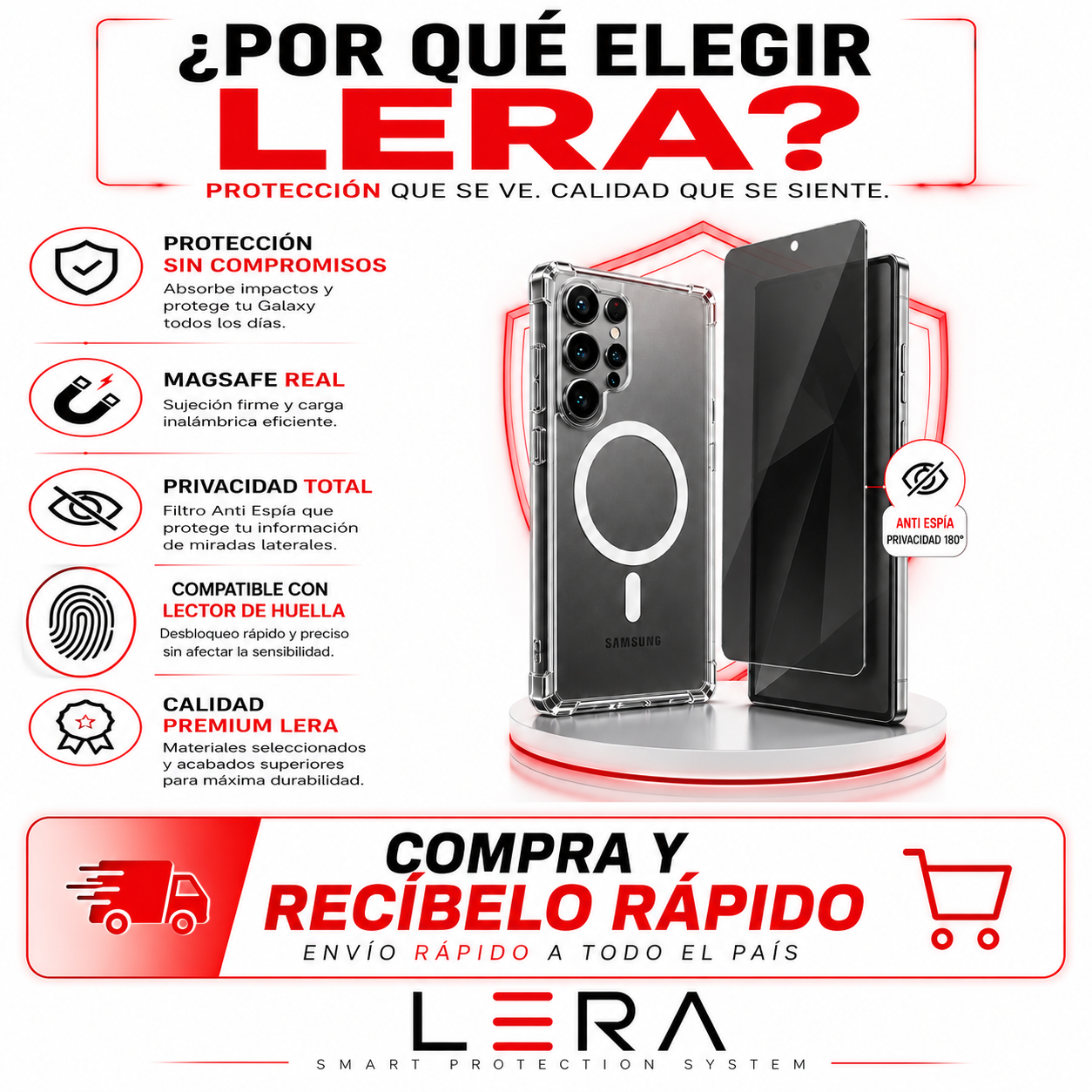 Kit Carcasa Magsafe Transparente + Lamina Mica Vidrio Anti Espia para Samsung