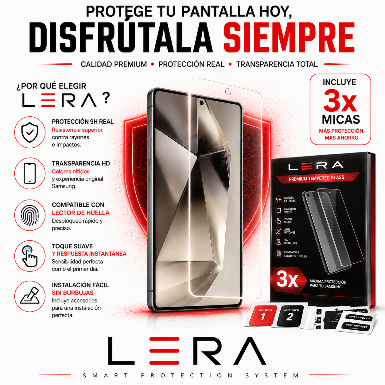 Lámina Mica Vidrio Templado para Samsung Pack X3