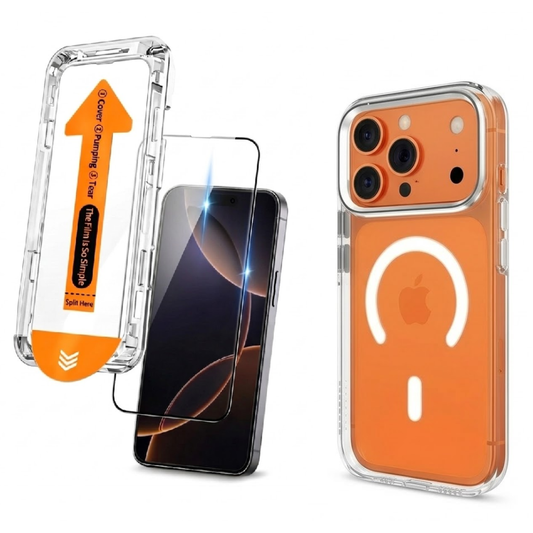 Kit Mica Vidrio Auto Instalacion iPhone 17 + Funda Magsafe Transparente